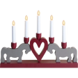 The "Leksand Candlestick" by Star Trading features five LED candle sticks, two gray Swedish Dala Horses, and a red heart on a vibrant red base.