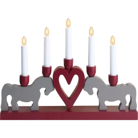 The "Leksand Candlestick" by Star Trading features five LED candle sticks, two gray Swedish Dala Horses, and a red heart on a vibrant red base.