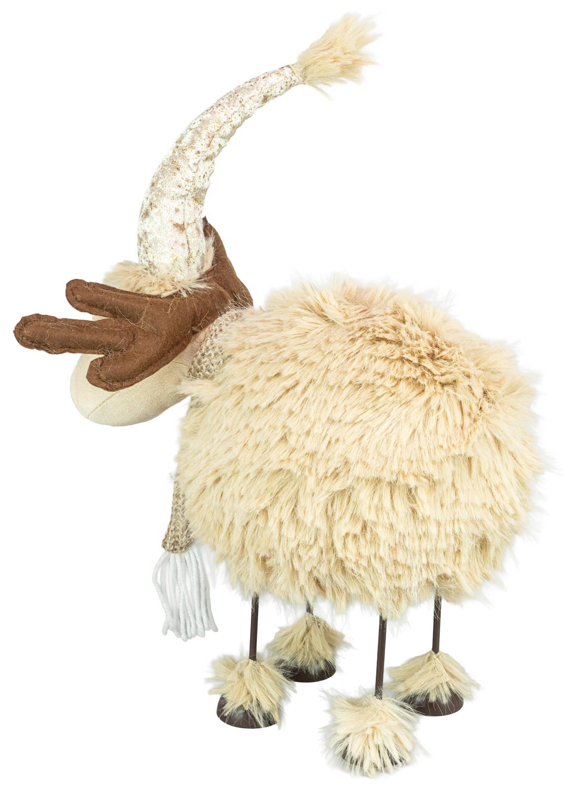 Plush tan reindeer figurine with long legs, brown antlers, and a cream hat and scarf, shown in profile view against a white background.