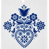 The Scandi Heart w/Birds, Blue Dish Cloth features a graceful blue floral pattern with hearts and birds on a white background. These cloths are not only super absorbent but also environmentally-friendly, combining charm with practicality.