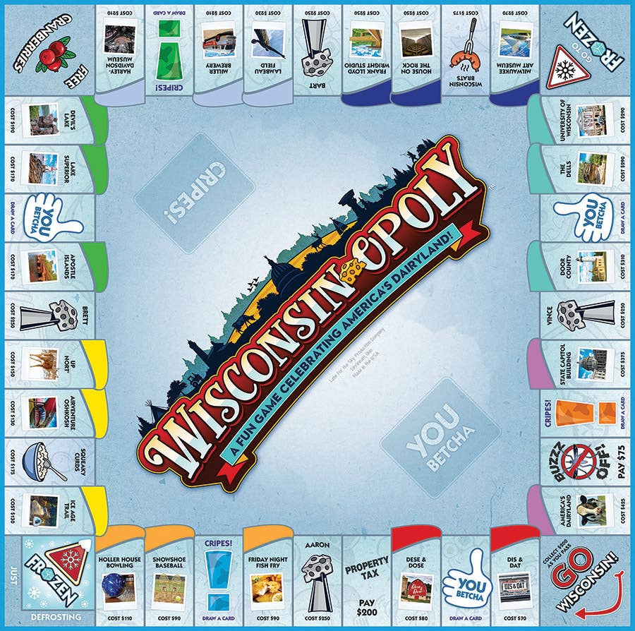 The Wisconsin-Opoly (state) Board Game showcases Dairyland-themed properties and vibrant illustrations, celebrating the unique culture and landmarks of Wisconsin.