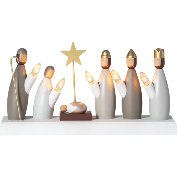 In the tranquil ambiance of Christmas, the Candelabra: Star Trading - Krubba, Nativity, Electric 5-Light offers a minimalist display featuring stylized figures such as the shepherd, three wise men, Mary, Joseph, and baby Jesus. Subtle colors and simple shapes enhance its elegance, with an illuminated Star of Bethlehem shining brightly above.