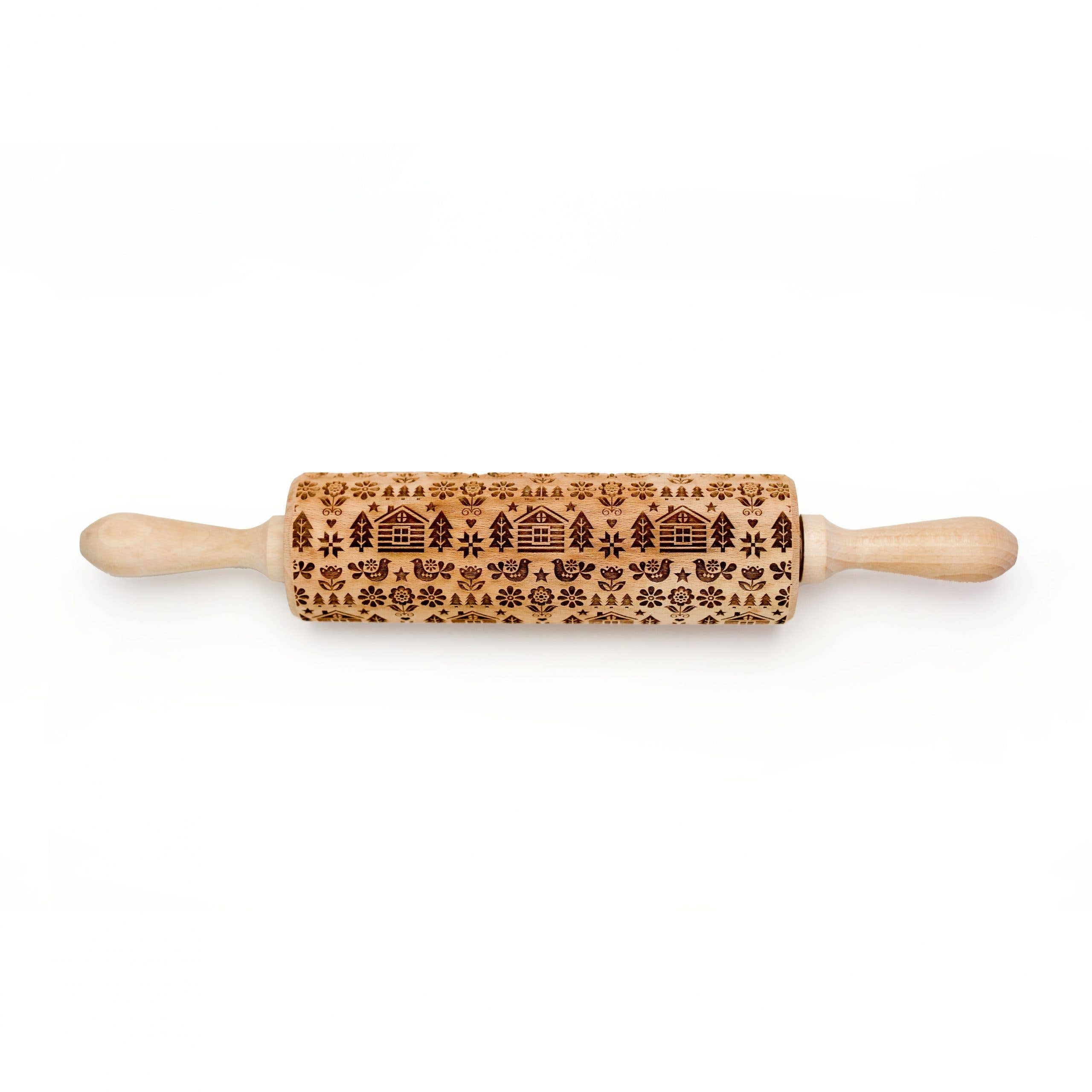 Introducing the "Winter Cabin" rolling pin, expertly crafted with carved decorative patterns featuring beehives and floral motifs, ideal for creating handmade gifts.