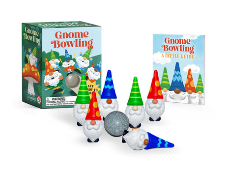 Game: Gnome Bowling Desk Game includes six gnome pins, a silver bowling ball, a box, and an illustrated instruction booklet—ideal as a quirky gag gift or fun desk game.
