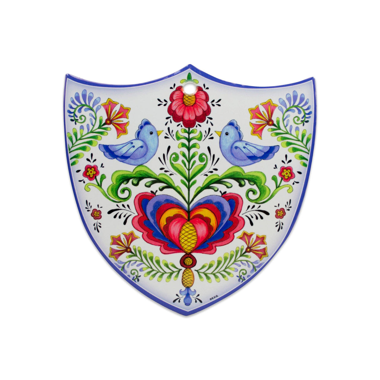 The Tile: Lovebirds Folk Art Cork Backed Ceramic Shield is a Nordic-designed wall decor featuring blue birds, vivid flowers, and symmetrical patterns—an ideal Swedish novelty gift to bring folk art charm to your home.