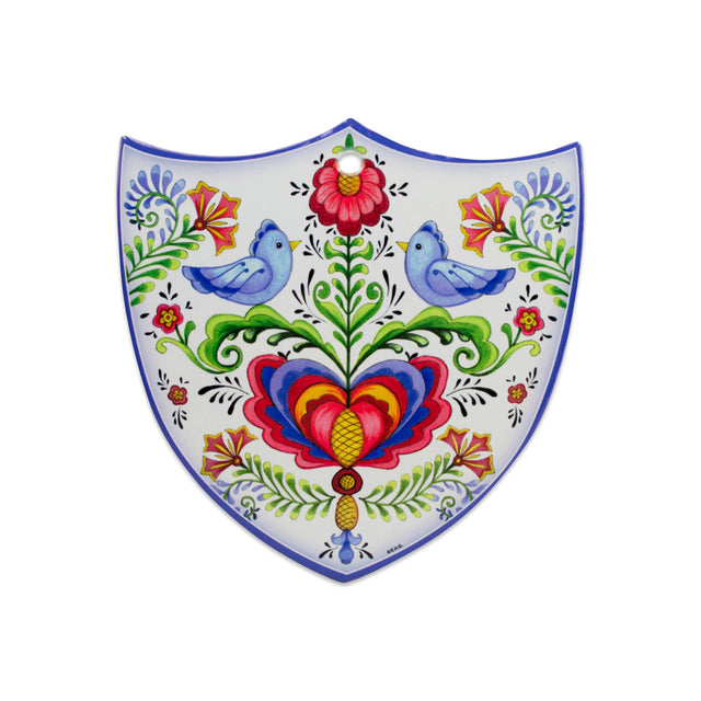The Tile: Lovebirds Folk Art Cork Backed Ceramic Shield is a Nordic-designed wall decor featuring blue birds, vivid flowers, and symmetrical patterns—an ideal Swedish novelty gift to bring folk art charm to your home.