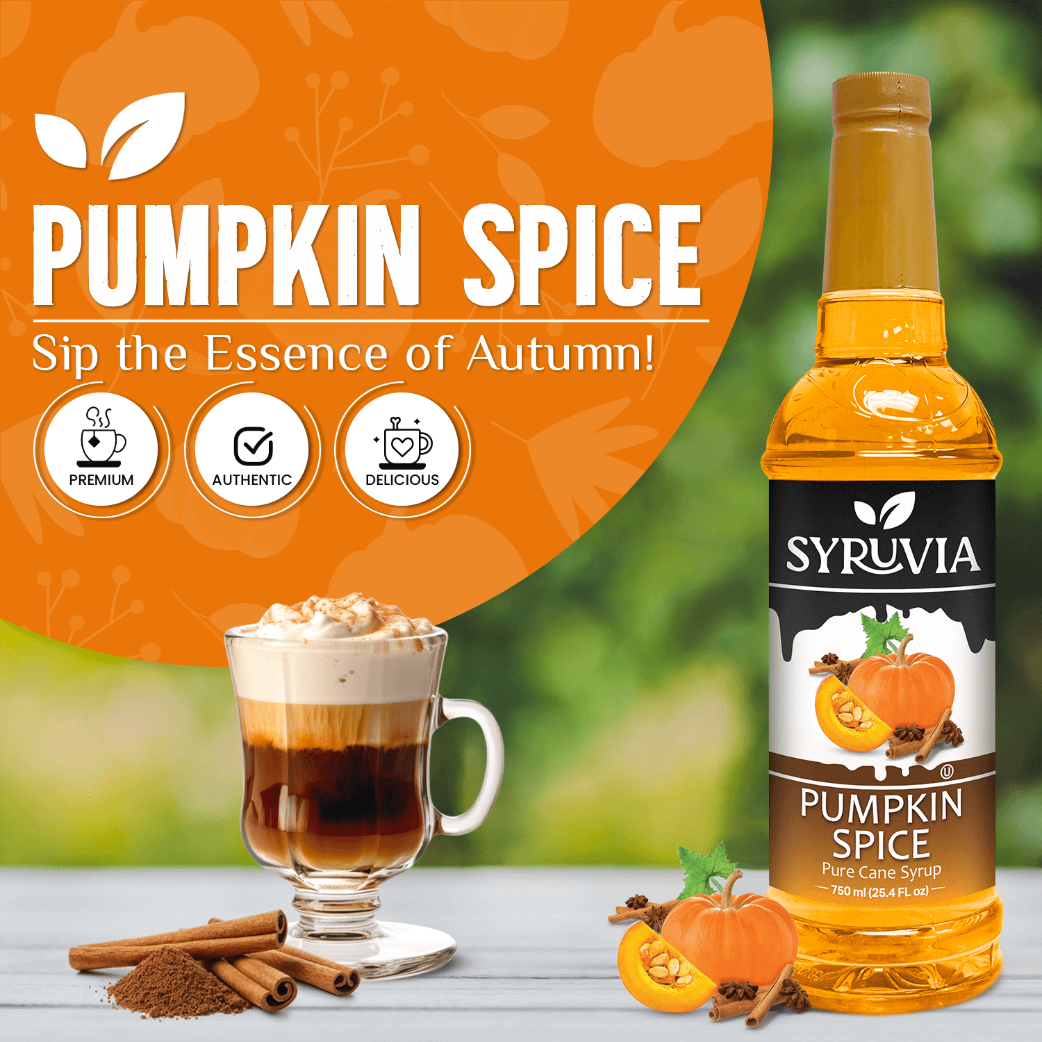 A bottle of Syrup: Pumpkin Spice Coffee Syrup Syurvia Pure Cane Sugar stands next to a pumpkin spice latte, cinnamon sticks, and pumpkin, with icons and text highlighting its rich pumpkin spice flavor.