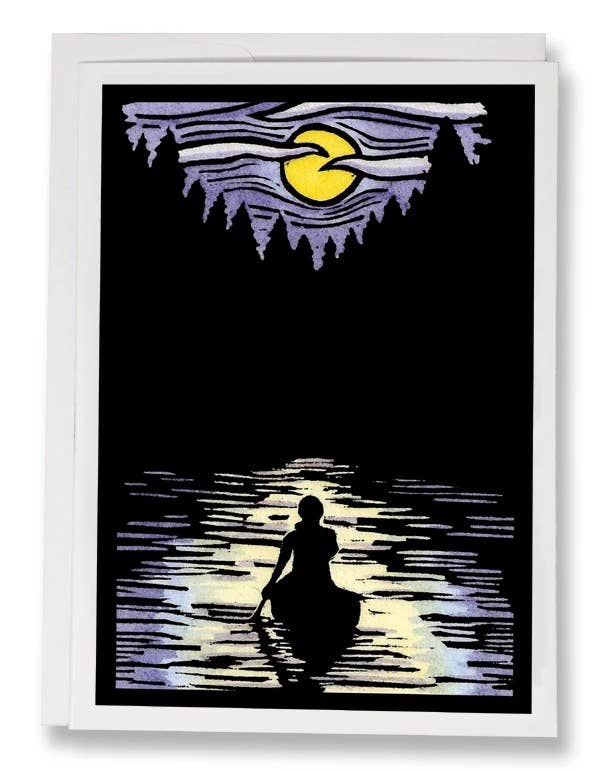 A person in a canoe on a moonlit lake, featuring tree silhouettes and stylized clouds, evokes the essence of Sarah Angst's art, making it ideal for the "Greeting Card: Solitude Canoe by Sarah Angst" collection.