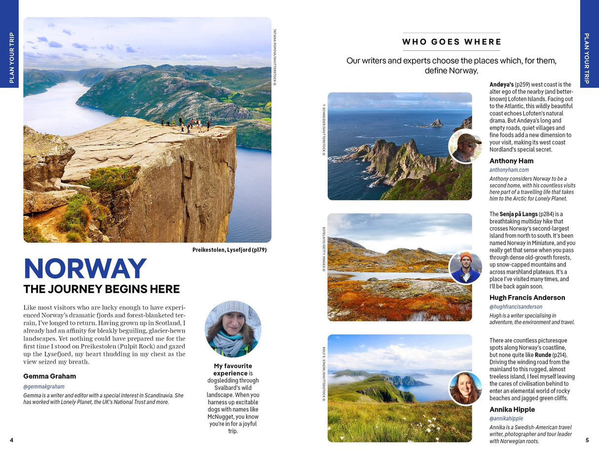 A dramatic cliff overlooking a fjord at sunset, with ocean cliffs and a tranquil boat drifting near a hilly coastline reminiscent of the Lofoten Islands; alongside portraits of five featured writers with brief bios and Norway travel tips inspired by top recommendations from Book: Lonely Planet Norway Northern Lights Safari Far North Hiking & Skiing Oslo Walking Tours Travel Guide Paperback by Hachette Book Group.