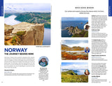 A dramatic cliff overlooking a fjord at sunset, with ocean cliffs and a tranquil boat drifting near a hilly coastline reminiscent of the Lofoten Islands; alongside portraits of five featured writers with brief bios and Norway travel tips inspired by top recommendations from Book: Lonely Planet Norway Northern Lights Safari Far North Hiking & Skiing Oslo Walking Tours Travel Guide Paperback by Hachette Book Group.