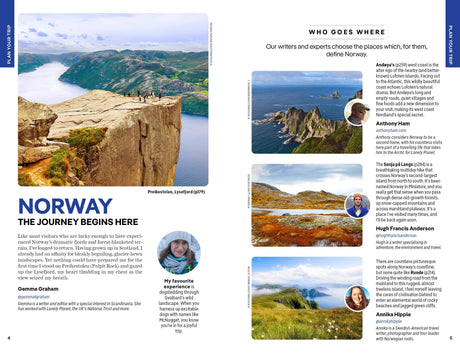 A dramatic cliff overlooking a fjord at sunset, with ocean cliffs and a tranquil boat drifting near a hilly coastline reminiscent of the Lofoten Islands; alongside portraits of five featured writers with brief bios and Norway travel tips inspired by top recommendations from Book: Lonely Planet Norway Northern Lights Safari Far North Hiking & Skiing Oslo Walking Tours Travel Guide Paperback by Hachette Book Group.