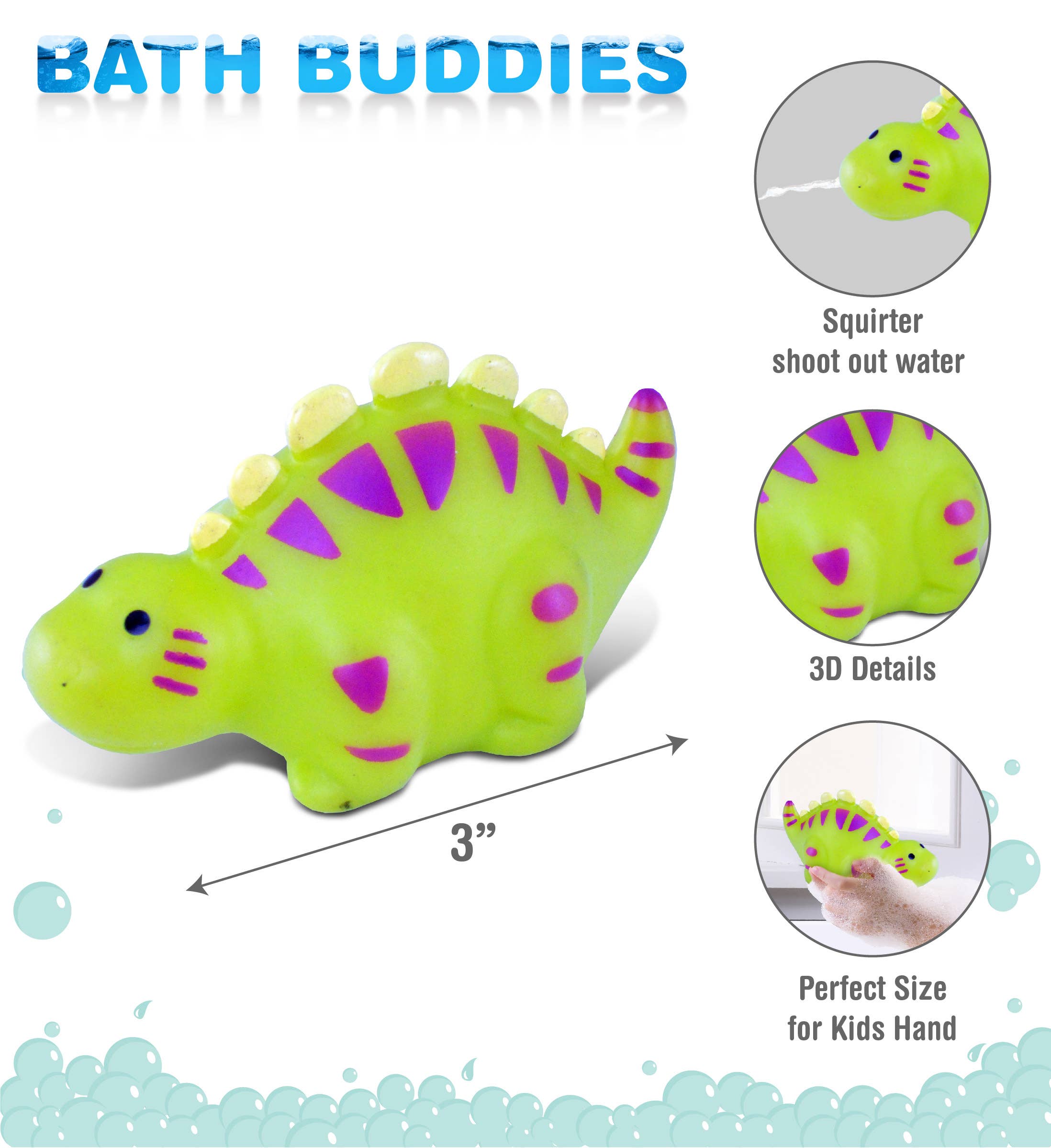 The Bath Toy: Stegosaurus Bath Water Squirter is a green and purple 3-inch bath toy with playful 3D details, perfectly sized for a child's hand and designed for fun water squirting during bath time.