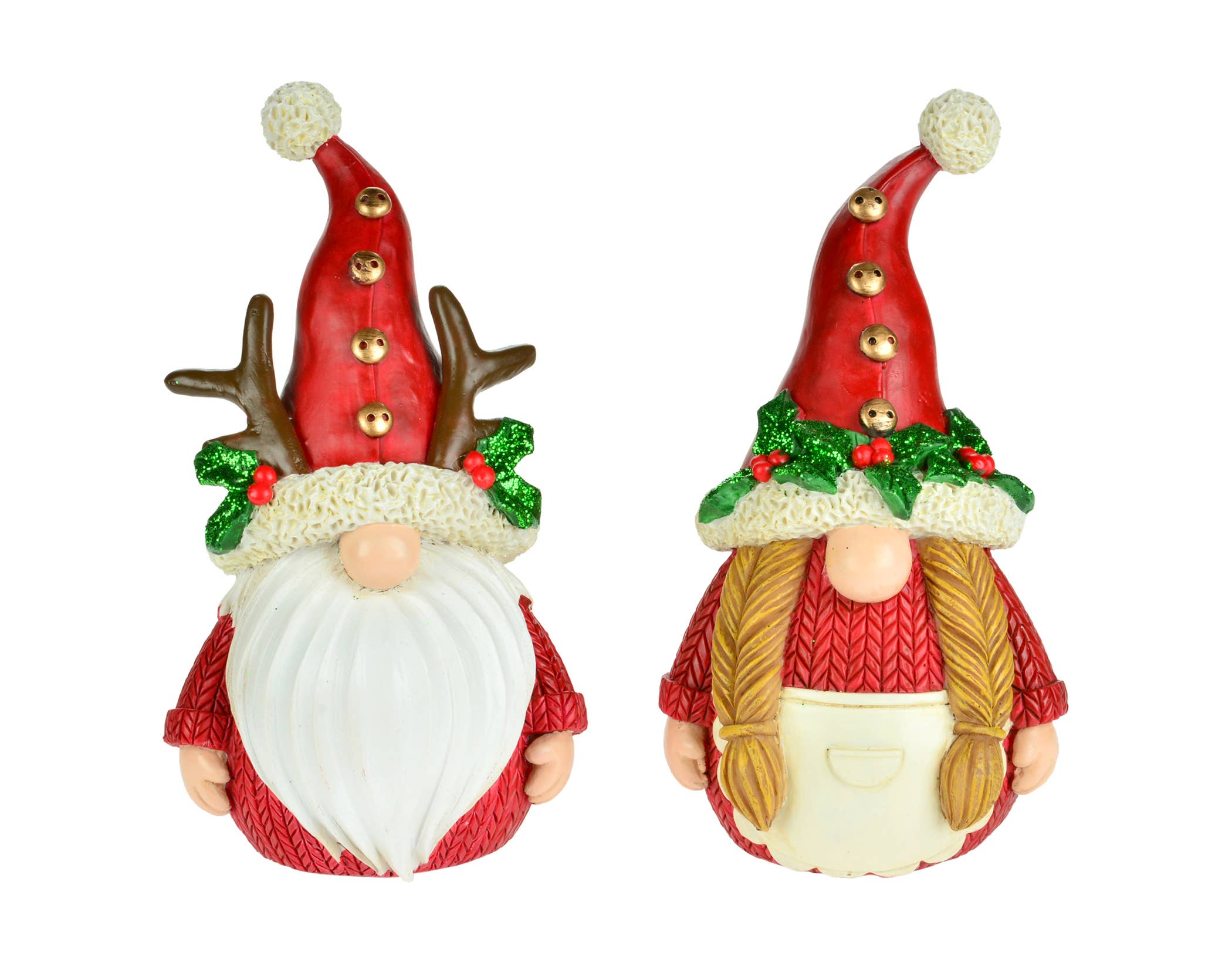 The Girl Christmas Gnome, featuring braided hair and a wreath, makes charming Christmas decor with her red and white outfit. Pair her with the festive gnome figurine adorned with a white beard and antlers for a delightful tabletop or mantle display.