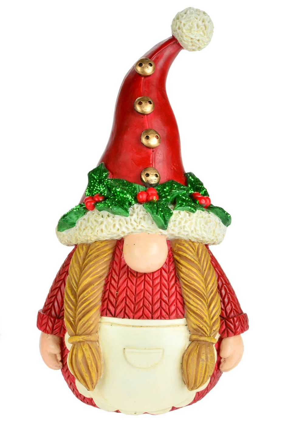 The Girl Christmas Gnome Figurine – Festive Resin Holiday Accent features long braids, a red textured sweater, white apron, and tall red hat with holly leaves, berries, and gold buttons—a charming Nordic holiday décor piece.