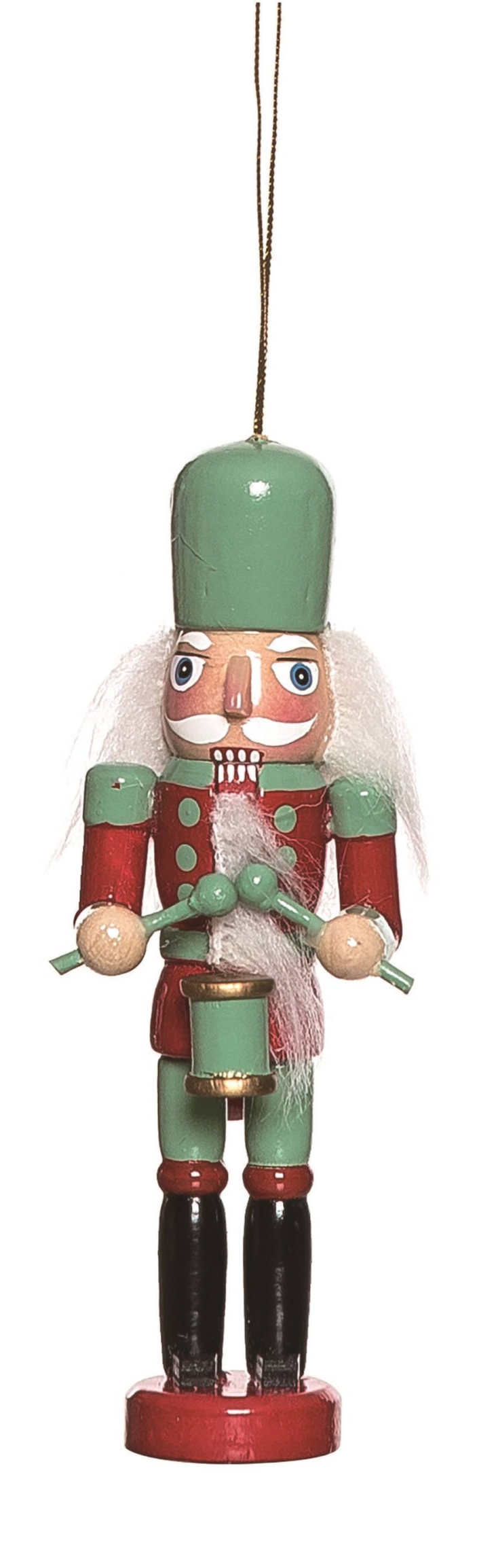 The Ornament: Nutcracker Christmas Wood Retro Nutcracker Ornament, 5 tall, features a green hat and uniform, white hair, red accents, and drumsticks. Hanging by a gold string on a red base, its perfect as a classic Christmas tree decoration.