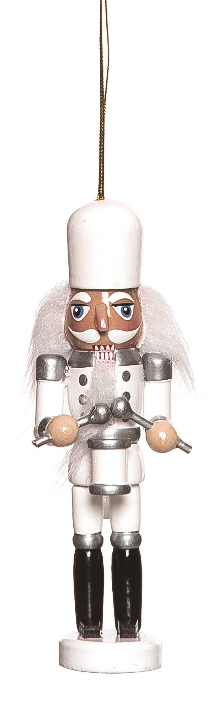 The Ornament: Nutcracker Christmas Wood Retro Nutcracker Ornament, 5 tall, features a white and silver design with black boots, a painted face, white hair, and a tall white hat—perfect for your Christmas tree.