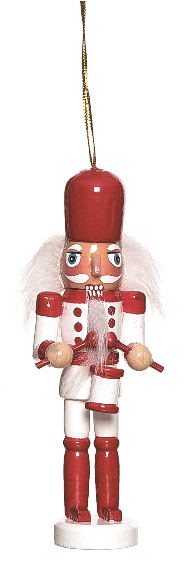 The Ornament: Nutcracker Christmas Wood Retro Nutcracker Ornament, 5 tall, features red and white paint, white hair and beard, drumsticks with a small drum, and hangs from a gold string—ideal for adding charm to your Christmas tree.