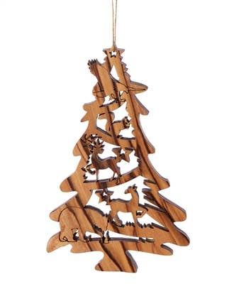 Introducing our "Ornament: Christmas Tree with Forest Animals," crafted from olive wood and featuring intricate animal silhouettes such as reindeer and birds. This beautiful piece hangs elegantly from a string, capturing the timeless beauty of Bethlehem in the Holy Land.