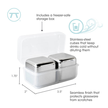 The Cubes: Stainless Steel Ice Cubes in Plastic Case Set of 2 (1.57" square) keeps drinks cold without dilution—ideal as whiskey stones. Includes a freezer-safe storage box with labeled dimensions and key features.