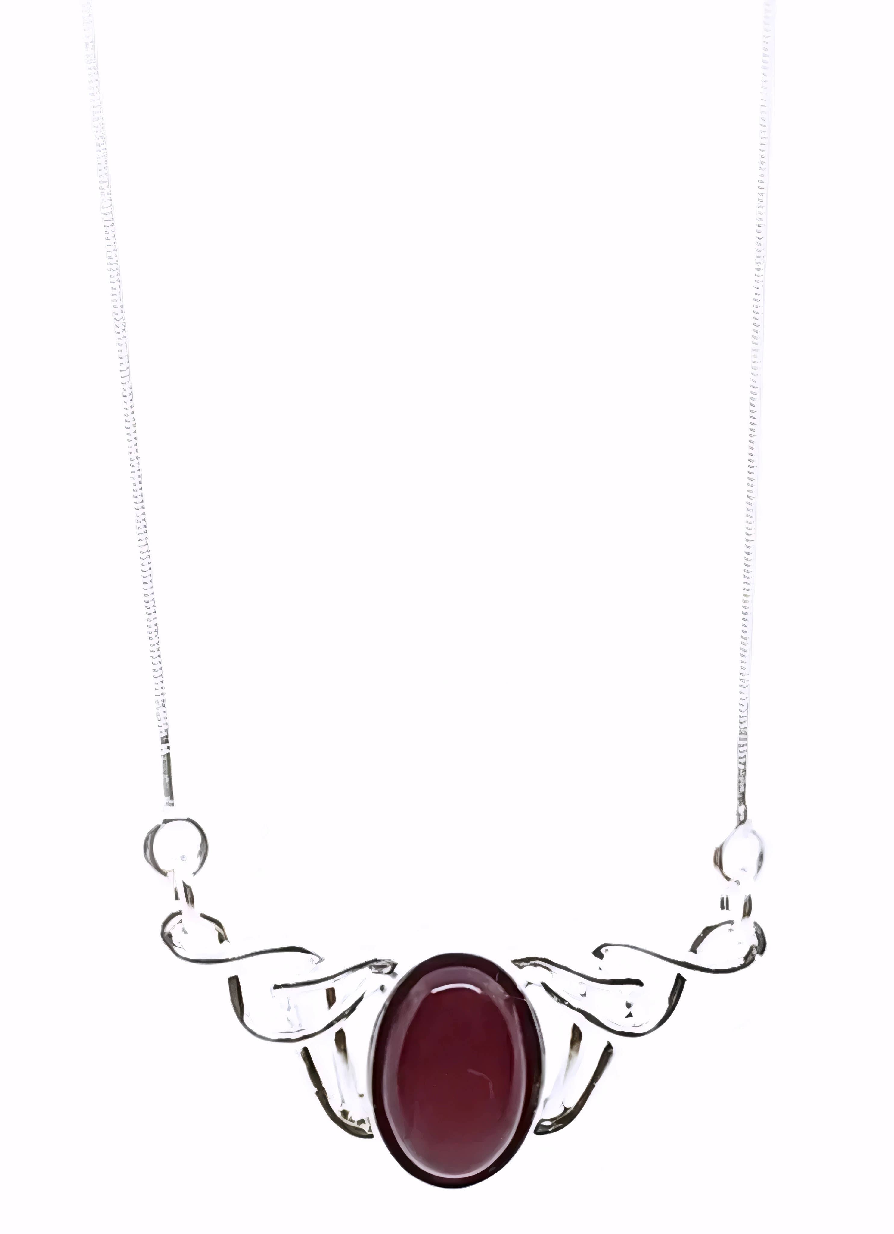 The Cherry Amber Sterling Silver Necklace features an oval dark red gemstone at the center with decorative silver accents, displayed on a 17 chain.