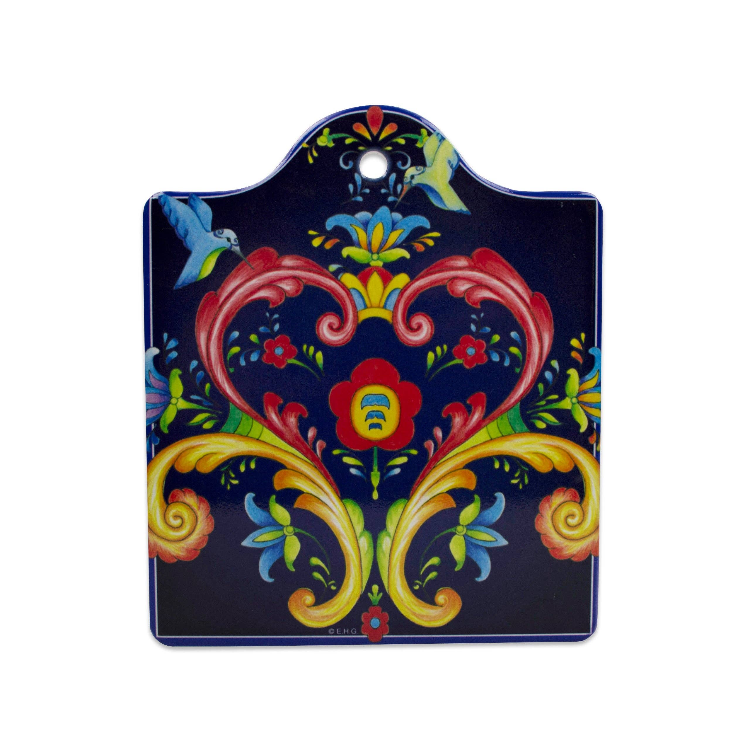 The Rosemaling Blue Ceramic Cheeseboard Kitchen Trivet features a colorful, symmetrical floral and scroll design that evokes Scandinavian kitchen style and intricate Rosemaling artwork.