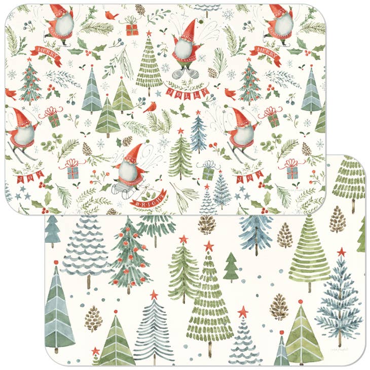 Festive holiday-themed fabric inspired by the Placemat: Jolly Gnomes, featuring two designs—one with gnomes, gifts, and stars; the other displaying various decorated Christmas trees in green and blue tones.