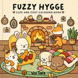 The cover of Coloring Book: Fuzzy Hygge Cute and Cozy Coloring Book by Vivi Tinta (Penguin Random House LLC, paperback) shows cozy animals relaxing by a fireplace, creating a warm, stress-relieving hygge vibe.