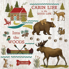 Woodland scene with animals, a log cabin, and a canoe with text Cabin Life is the Good Life and Into the Woods, ideal for cocktail napkins.