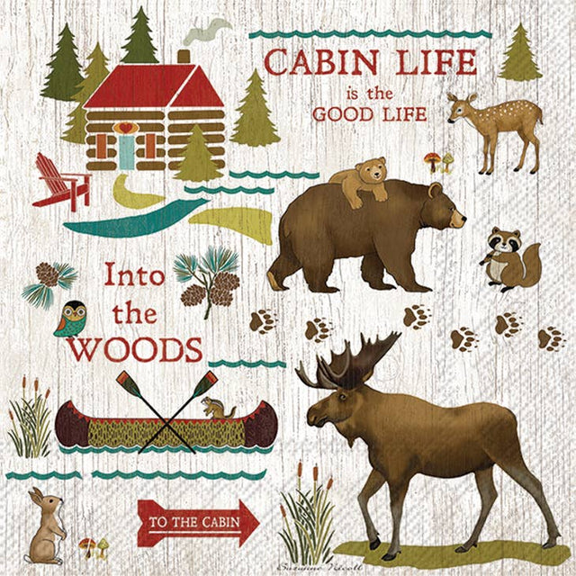Woodland scene with animals, a log cabin, and a canoe with text Cabin Life is the Good Life and Into the Woods, ideal for cocktail napkins.