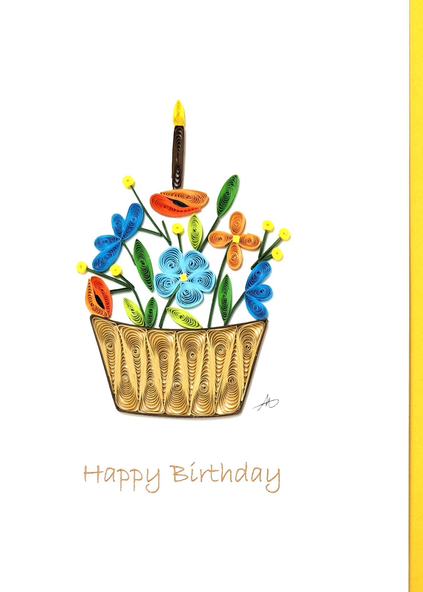 The Card: Happy Birthday Flowers Cupcake Gift with Flowers 5x6 features a vibrant quilled cupcake topped with flowers and a candle, making it a unique and cheerful choice for wishing someone a happy birthday.