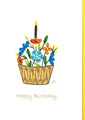 The Card: Happy Birthday Flowers Cupcake Gift with Flowers 5x6 features a vibrant quilled cupcake topped with flowers and a candle, making it a unique and cheerful choice for wishing someone a happy birthday.