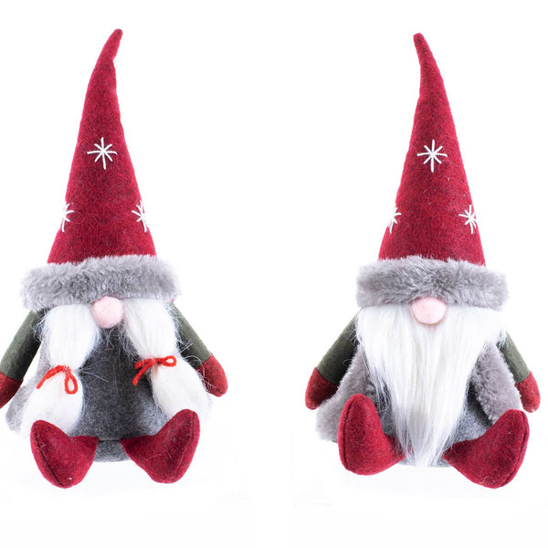 Norm or Nora the Gnomes are two plush Christmas dolls with red hats, gray bodies, white beards, and red mittens—festive holiday decor or charming Christmas decorations for your home.