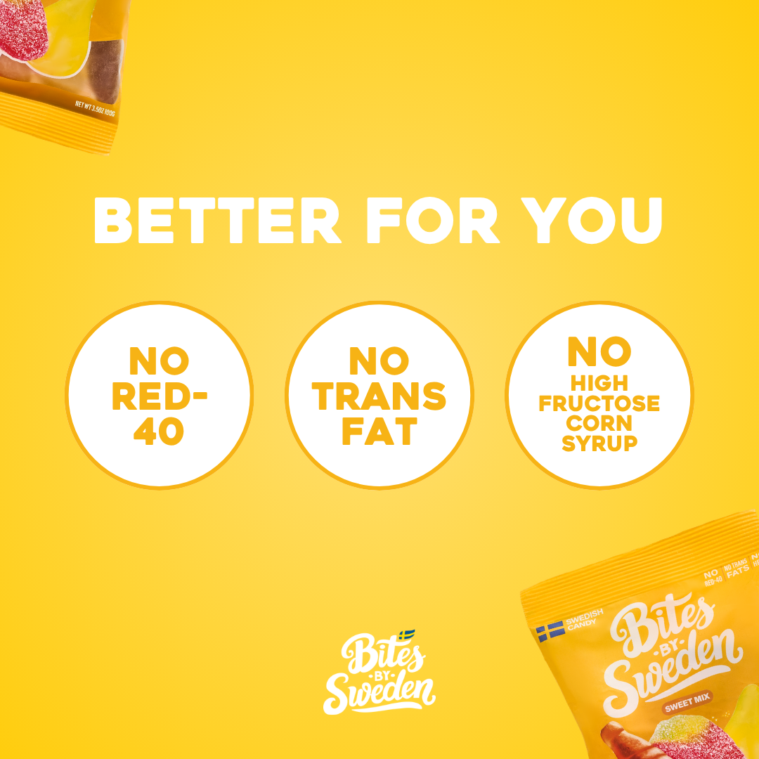 Bright yellow background with text listing clean ingredients and ingredient exclusions; Swedish candy bags visible in the image corners.