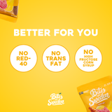 Bright yellow background with text listing clean ingredients and ingredient exclusions; Swedish candy bags visible in the image corners.