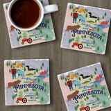 Four Minnesota Attractions Thirsty Stone Coasters with cork backing sit on a wooden table, each displaying colorful Minnesota-themed illustrations. A coffee cup rests on one absorbent coaster.