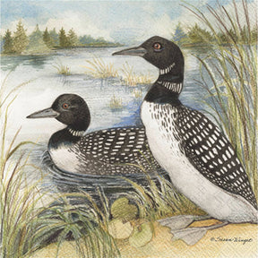 Napkins: Two Loons at the Lake Paper Cocktail Napkins (Pack of 20) feature black-headed loons by a lakeshore, making them perfect for adding a nature-inspired touch to your next gathering.