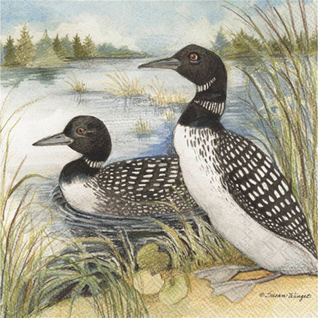 Napkins: Two Loons at the Lake Paper Cocktail Napkins (Pack of 20) feature black-headed loons by a lakeshore, making them perfect for adding a nature-inspired touch to your next gathering.