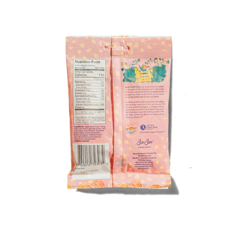 Back view of Candy: Pippi Longstocking Gold Coins - Swedish Candy 4.2oz (120g) package in pink, featuring nutrition facts, tropical flavors description, certifications, and a barcode at the bottom.
