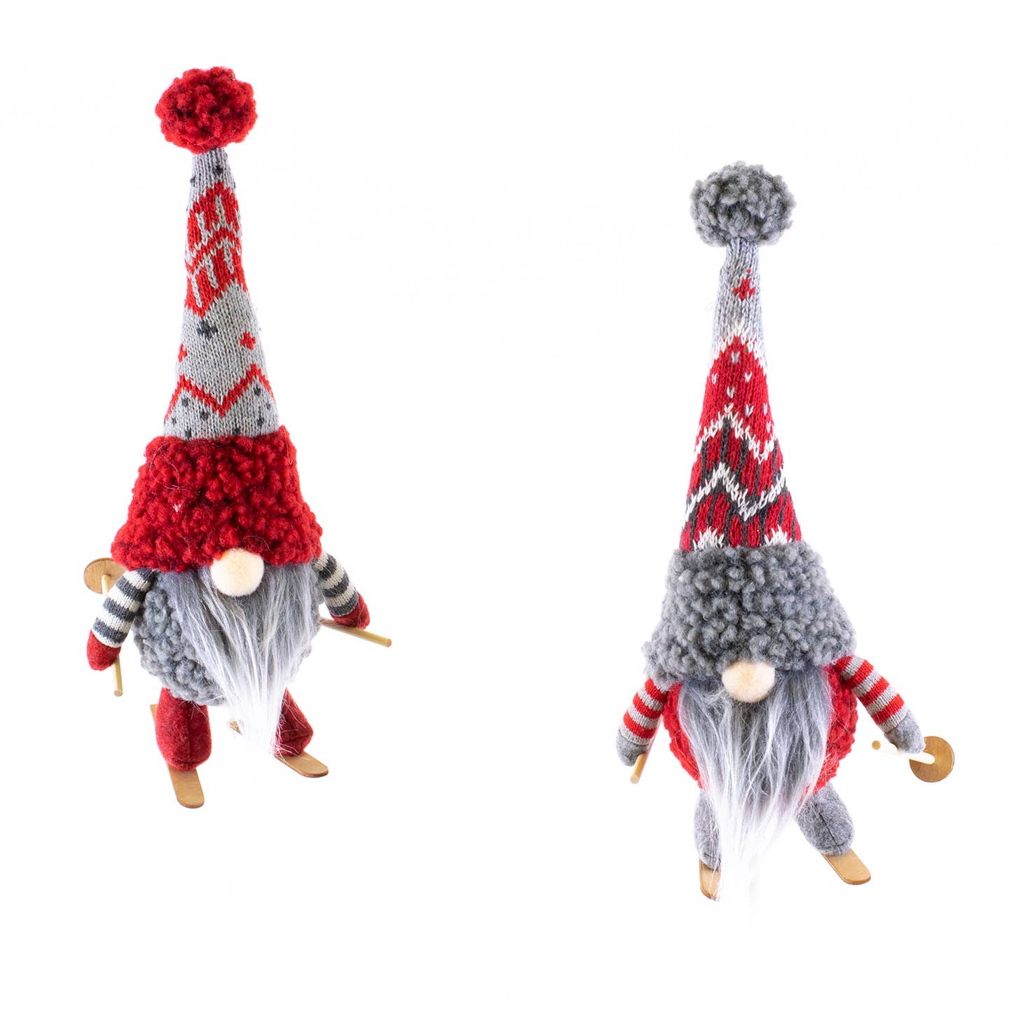 The Ness the Gnome Christmas Tree Ornament features a gnome with a long gray beard, striped arms, a tall knit hat with pom-pom, and holding small wooden skis and poles—perfect for your holiday decorations.