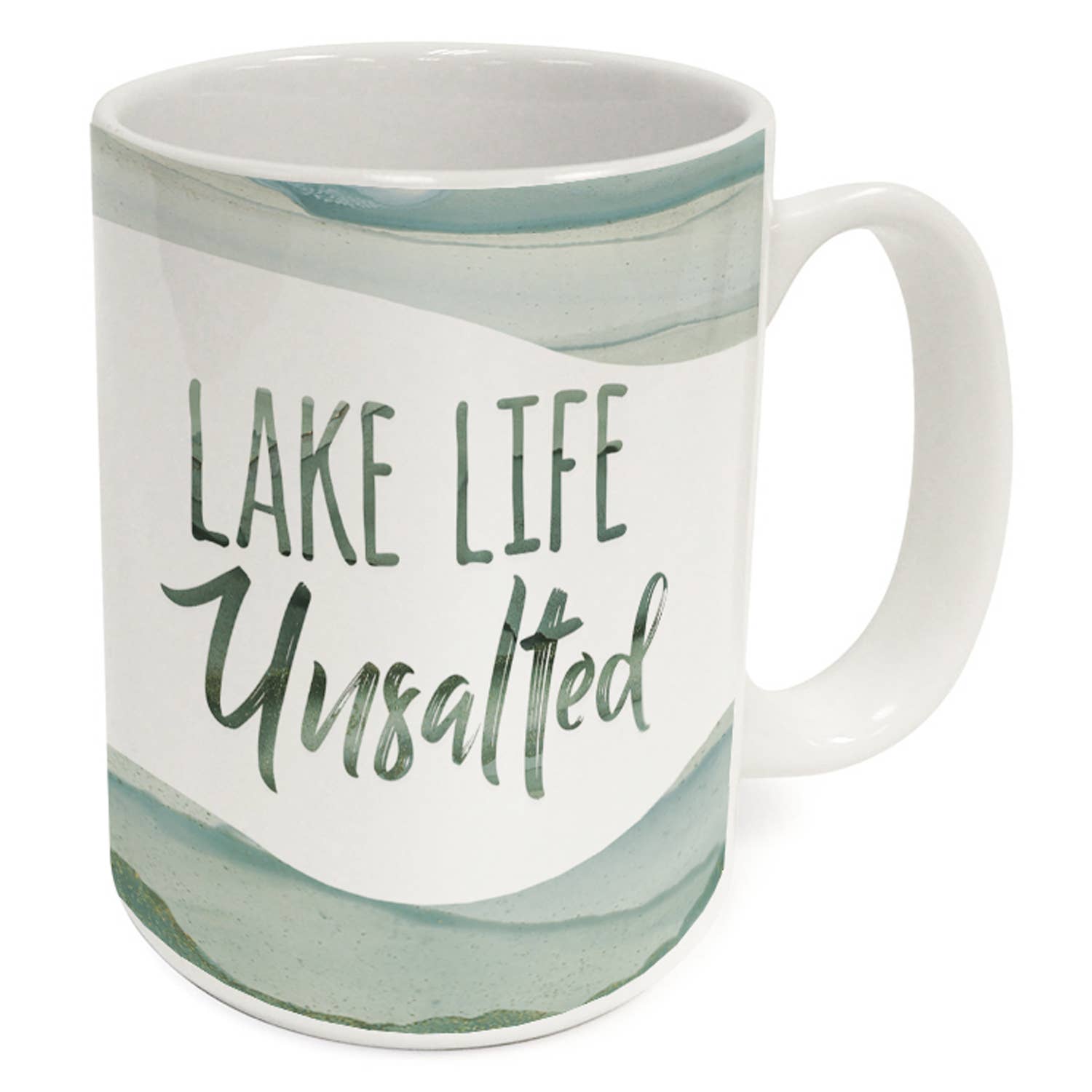 The "Lake Life Unsalted" 15 oz. Decorative Ceramic Mug features an eye-catching green and white pattern with the whimsical phrase "LAKE LIFE Unsalted." Ideal for any kitchen, this mug is also dishwasher safe, making cleaning a breeze after every use.