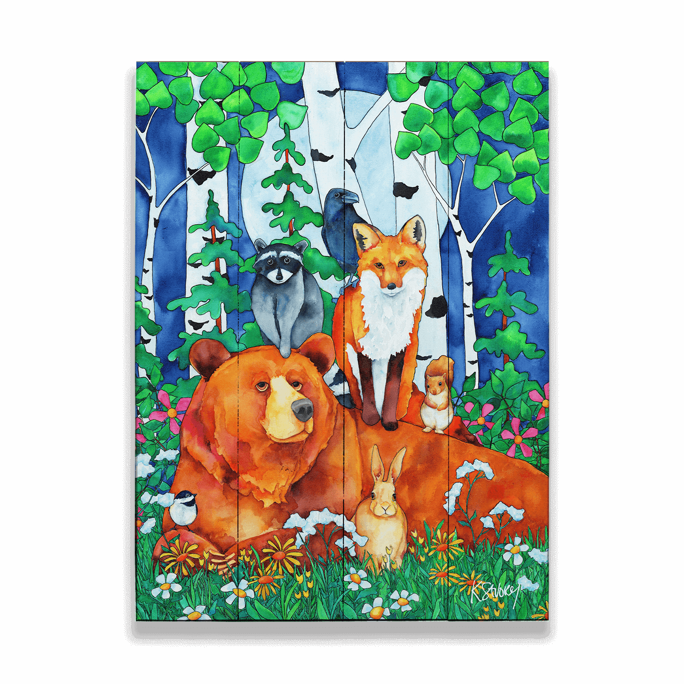The "Creatures Great and Small" Wood Panel Wall Art (17" x 23") features watercolor forest animals—bear, fox, raccoon, rabbit, and birds—gathered among flowers and birch trees in a vibrant woodland scene, perfect for wall decor.
