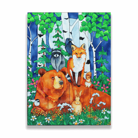 The "Creatures Great and Small" Wood Panel Wall Art (17" x 23") features watercolor forest animals—bear, fox, raccoon, rabbit, and birds—gathered among flowers and birch trees in a vibrant woodland scene, perfect for wall decor.