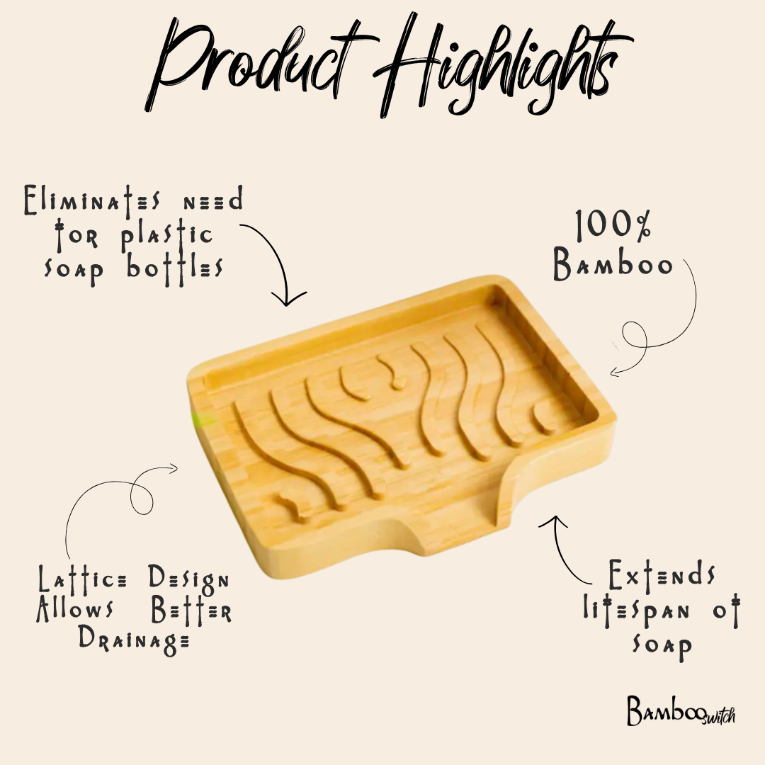 Rectangular bamboo soap lift with wavy drainage slats. A label is visible on the side. Text on the image reads: Product Highlights.