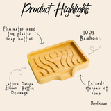 Rectangular bamboo soap lift with wavy drainage slats. A label is visible on the side. Text on the image reads: Product Highlights.