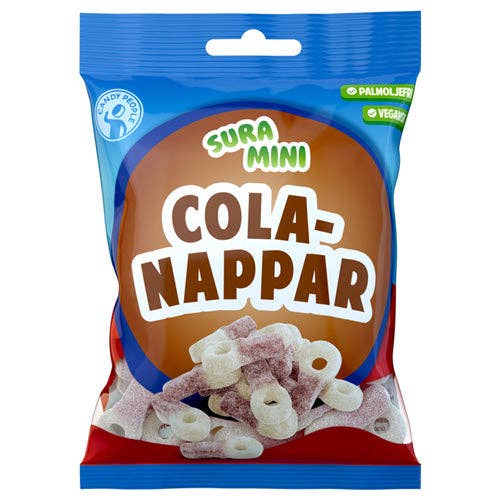A bag of Candy: Sour Mini Cola Pacifiers Swedish Gummy Candy, labeled palm oil free and vegan, featuring an image of mini cola pacifiers on the packaging.