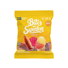 Yellow bag labeled “Bites by Sweden Sweet Mix” with an image of assorted colorful gummies and visible text indicating Swedish candy, clean ingredients, and Non-GMO.