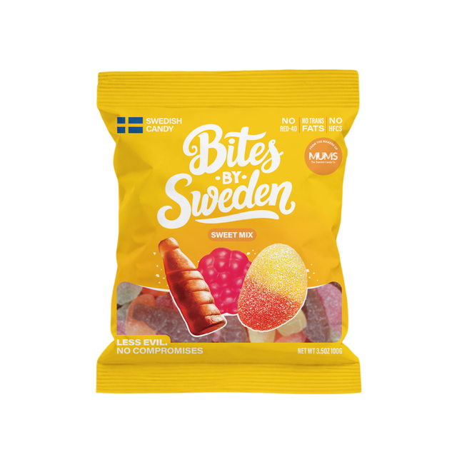 Yellow bag labeled “Bites by Sweden Sweet Mix” with an image of assorted colorful gummies and visible text indicating Swedish candy, clean ingredients, and Non-GMO.