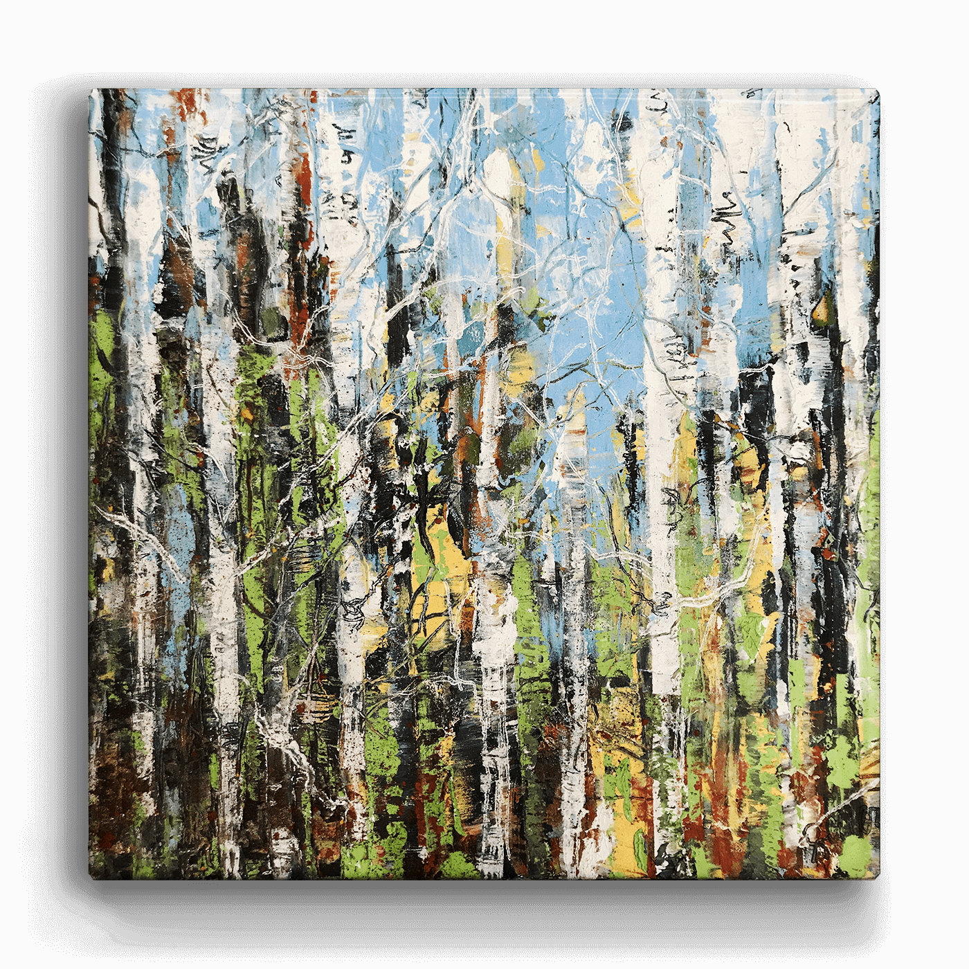 The Wall Decor: Aspen Forest I - Metal Box Art (Aluminum Box, 18" x 18" x 3") features an abstract aspen forest with white bark, green and yellow leaves, and a blue sky, bringing nature-inspired elegance to your space.