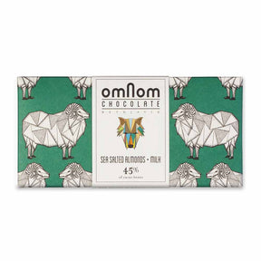 A chocolate bar with a geometric sheep design on green, labeled Candy: OmNom Chocolate Reykjavik Sea Salted Almonds 60g.
