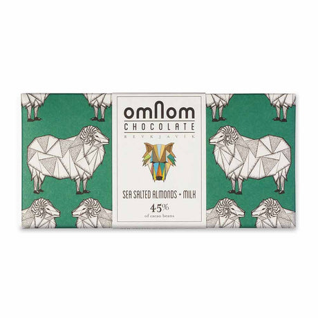 A chocolate bar with a geometric sheep design on green, labeled Candy: OmNom Chocolate Reykjavik Sea Salted Almonds 60g.